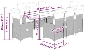 9 pcs conjunto de bistrô para jardim c/ almofadões vime PE bege