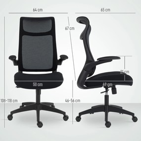 Cadeira de Escritório Ergonómica com Suporte Lombar e Apoios de Braços 3D Dobráveis Função de Basculante 64x65x108-118 cm Preto