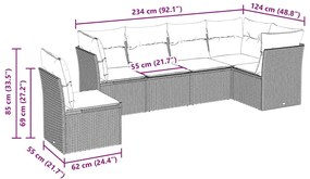 6 pcs conjunto sofás de jardim c/ almofadões vime PE preto