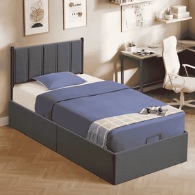 Estrutura de cama 90 x 200 cm com base de ripas rebatível (COLCHÃO NÃO INCLUÍDO) e arrumação debaixo da cama cinzento escuro
