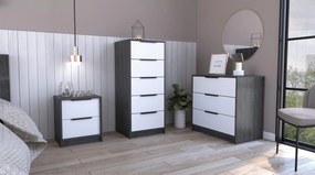 Conjunto Quarto Kaia, Mesa de cabeçeira + Comoda 3 Gavetas + Comoda 5 Gavetas, carvalho cinzento e branco