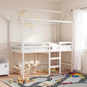 vidaXL Cama alta c/ escada e telhado 90x190 cm pinho maciço branco
