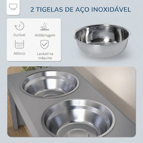 Comedouro Elevado para Cães com 2 Tigelas Removíveis em Aço Inoxidável, 58,4x30,5x25,4 cm, Cinzento