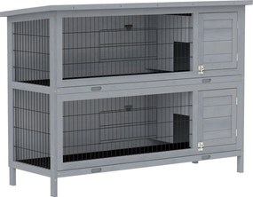 PawHut Gaiola/Casa para Coelho em Madeira com 2 Andares, Telhado de Asfalto, Bandeja de Fundo, Portas para Pequenos Animais 136,4 x 50 x 93 cm Cinza | Aosom Portugal