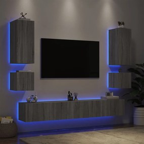 6 pcs móveis de parede para TV com luzes LED cinzento sonoma