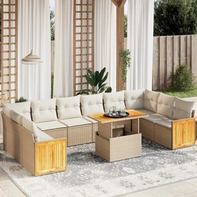 11 pcs conjunto sofás de jardim c/ almofadões vime PE bege
