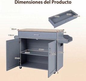 Carrinho Auxiliar de Cozinha, 116 x 40 x 85 cm, Tomadas Integradas, Cinzento