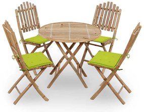 5 pcs conj. de jantar dobrável c/ almofadões p/ exterior bambu