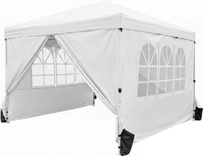 Tenda Dobrável de Exterior feiras, eventos, festas, 300 x 300 x 250-268 cm, 4 Paredes Removíveis e 4 sacos areia, Branco