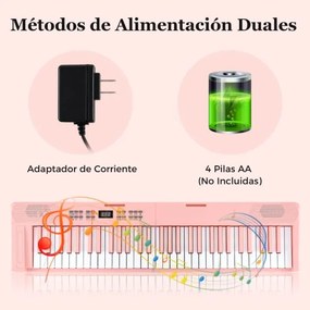 Teclado musical dobrável de 61 teclas, piano eletrónico com fones de ouvido e pedal portátil com bolsa para iniciantes Rosa