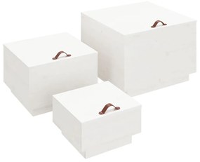 Caixas de arrumação com tampas 3 pcs pinho maciço branco