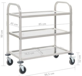 Carrinho de cozinha de 3 níveis 96,5x55x90 cm aço inoxidável