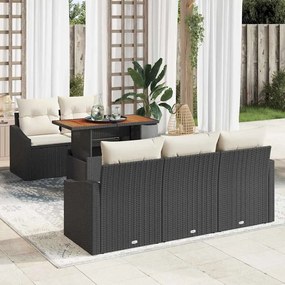 vidaXL Conjunto de Jantar para Jardim de 6 Peças com Almofadas Pretas de Rattan e Poliéster