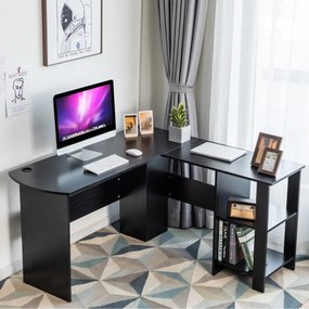 Mesa de computador angular simples e moderna em formato L com 2 mesas abertas para estudo em Casa Escritorio preta