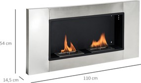 Lareira de bioetanol de parede para encastrar, com queimador de 2 × 0,9 L, cerca de 3 horas de autonomia, 110 L × 14,5 L × 54 H cm, cobertura de 25-30