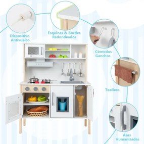 Cozinha de brincar para crianças em madeira com micro-ondas, exaustor, fogão, lava-loiça, máquina de gelo e 18 acessórios Branco