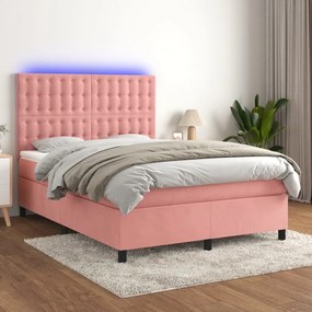 vidaXL Cama box spring c/ colchão/LED 140x190 cm veludo rosa