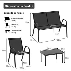 Conjunto de 4 móveis para área externa com mesa de centro de vidro temperado, conjunto de conversação para área externa cinza
