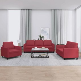 3201743 vidaXL 3 pcs conjunto sofás c/ almofadões couro artif. vermelho tinto