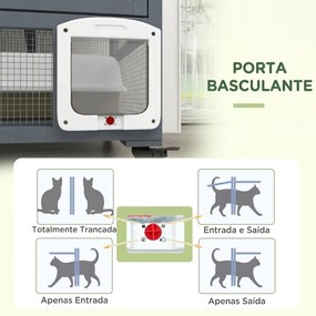 Gaiola Interior para Gatos em Madeira com Rodas Portas Plataformas de Salto Rede e Topo Basculante 110x100x60 cm Cinza