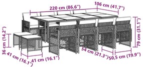 13 pcs conjunto de jantar p/jardim com almofadões vime PE preto