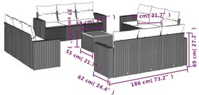 13 pcs conjunto sofás p/ jardim c/ almofadões vime PE cinzento