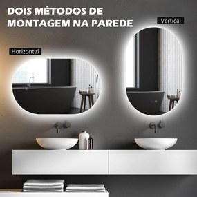 kleankin Espelho Casa de Banho com Luzes LED 81x51 cm Espelho de Parede com 3 Cores Ajustáveis Função Antiembaciamento Interruptor Tátil Horizontal ou Vertical Prata