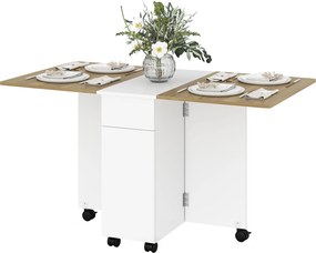 Mesa de jantar dobrável para 6 pessoas 140 x 76 x 74 cm (CADEIRAS NÃO INCLUIDAS), mesa de cozinha com Rodas, 2 gavetas e 2 armários, branca e castanha