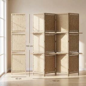 Separador de Divisões com 4 Painéis e 2 Prateleiras, 181 x 180 x 1,6 cm, Dobrável, Natural Palha