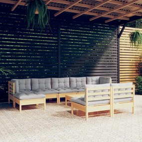 10 pcs conjunto lounge de jardim c/ almofadões cinzentos pinho