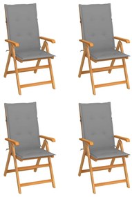 vidaXL Cadeiras de jardim c/ almofadões cinzentos 4 pcs teca maciça