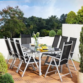 Conjunto de jardim Bern, 9 peças com 8 cadeiras e uma mesa 190 x 90 x 75 cm , alumínio prateada e preta