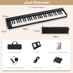 Teclado para piano dobrável de 61 teclas Piano elétrico portátil de 61 teclas com suporte Pedal de sustentação MIDI 90 x 13 x 5,5 cm Preto