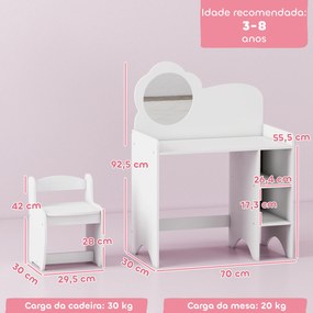 Toucador para Crianças com Banco e Espelho em Forma de Flor com Compartimentos Abertos 70x39x92,5 cm Branco