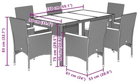 7 pcs conjunto jantar jardim c/ almofadões vime PE/vidro cinza