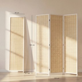 Biombo de madeira para separar divisões 135 x 180 cm, divisória dobrável de 3 painéis, branco e bege