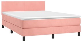 Cama box spring c/ colchão/LED 140x200 cm veludo rosa