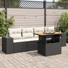 5 pcs conjunto sofás de jardim com almofadões vime PE preto