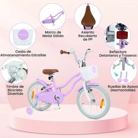 Bicicleta Infantil para Menina 4-7 Anos, 114,5 x 56 x 71,5-77 cm, Rodas de Apoio Removíveis, Roxo