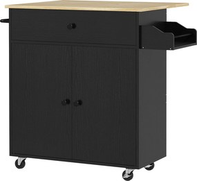 HOMCOM Ilha de Cozinha com Rodas com Lateral Dobrável Gaveta Suporte para Temperos e Prateleira Ajustável 106x42x87 cm Preto e Carvalho | Aosom Portugal