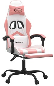 Cadeira gaming giratória c/ apoio pés couro artif. branco/rosa