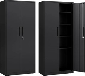 Armário metálico com 2 portas 80 x 40 x 180 cm com fechadura para ferramentas de garagem ou escritório com 4 prateleiras ajustáveis preto