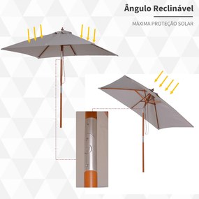 Chapéu de Sol de Jardim 200x150x230cm Chapéu de Sol Retangular Inclinável com Polia Duplo Teto e Mastro Desmontável de Madeira para Terraço Pátio Cinz