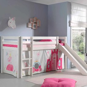 Conjunto Cama alta de Criança PINO 90 x 200 cm + estrado + escada + escorrega + cortina Princesa branca