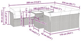 11 pcs conjunto sofás de jardim c/ almofadões vime PE/acácia