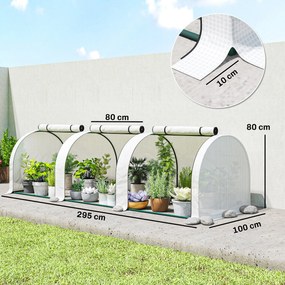Mini-estufa de jardim para tomates 295 C x 100 L x 80 A cm Aço PE de alta densidade 140 g/m² Anti-UV 3 janelas Branca