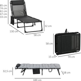 Espreguiçadeira dobrável com almofada, apoio para a cabeça e bolso lateral, reclinável, 58 x 189 x 32,5 cm, cinzento claro
