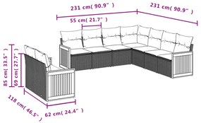 9 pcs conjunto de sofás p/ jardim c/ almofadões vime PE preto