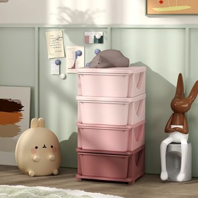 Organizador de Brinquedos para Crianças, 37 x 37 x 76 cm, 4 Gavetas Amovíveis, Rosa