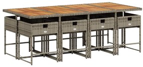 9 pcs conjunto de jantar p/ jardim c/ almofadões vime PE cinza